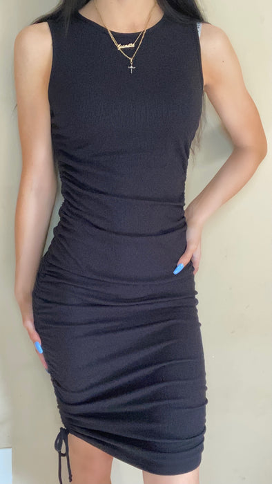 Marissa Ruched Black Midi Dress